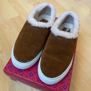 Tory Burch Miller shearling sneaker suede/vegan leather 6
